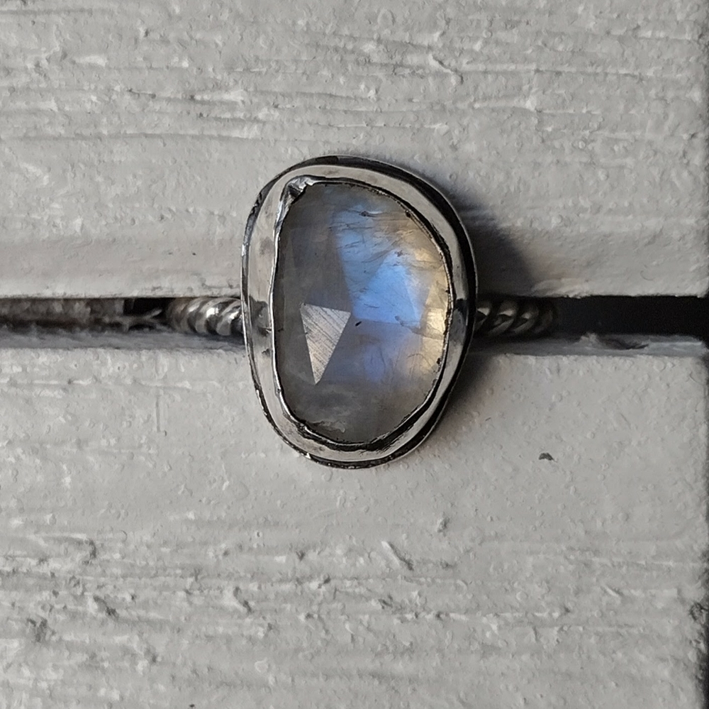 Sterling silver Rainbow Moonstone Boho-inspired solitare ring
